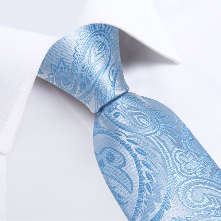 silk mens light blue paisley tie pocket square cufflinks set