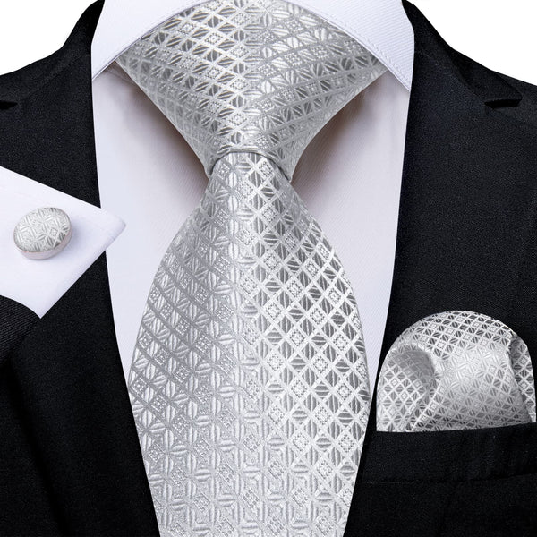 high quality silk mens silver plaid tie pocket square cufflinks set