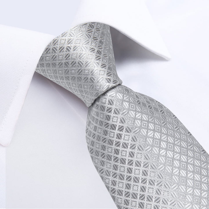 classic silk mens plaid light gray tie pocket square cufflinks set for dress suit