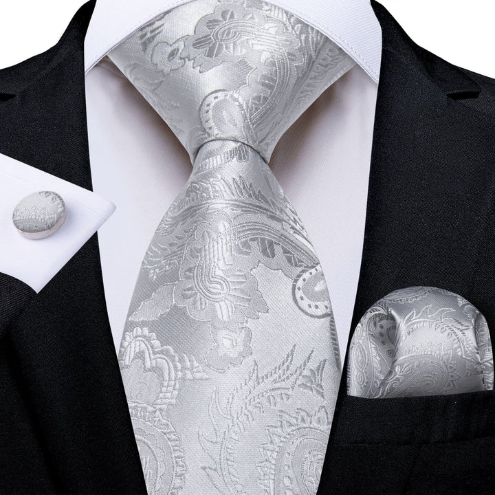 light grey paisley silk mens funny ties pocket square cufflinks set for black suit