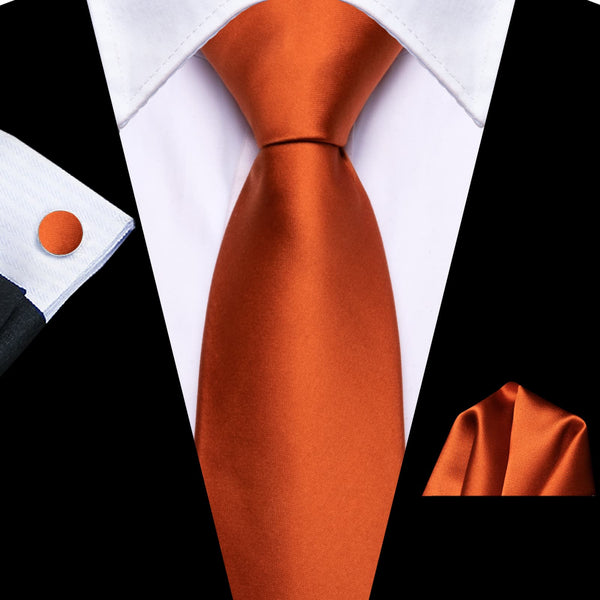 high quality deep orange solid cheap mens ties pocket square cufflinks set