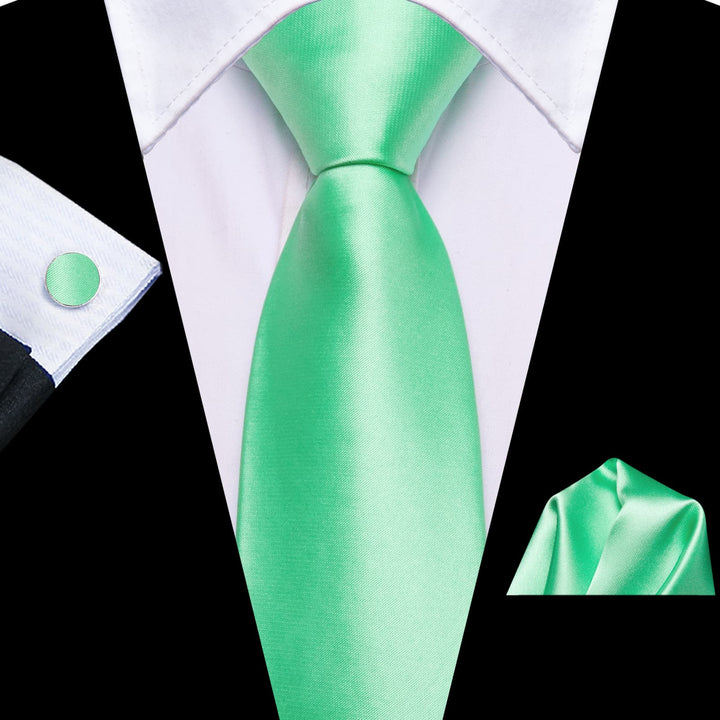 high quality business solid silk mens green necktie pocket square cufflinks set