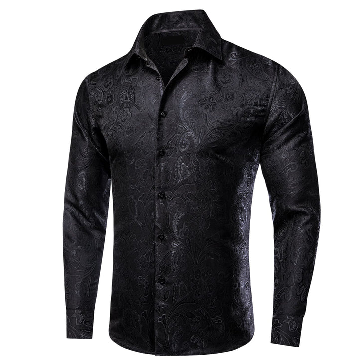 classic business black floral suit shirt mens silk shirts long sleeve button up shirts