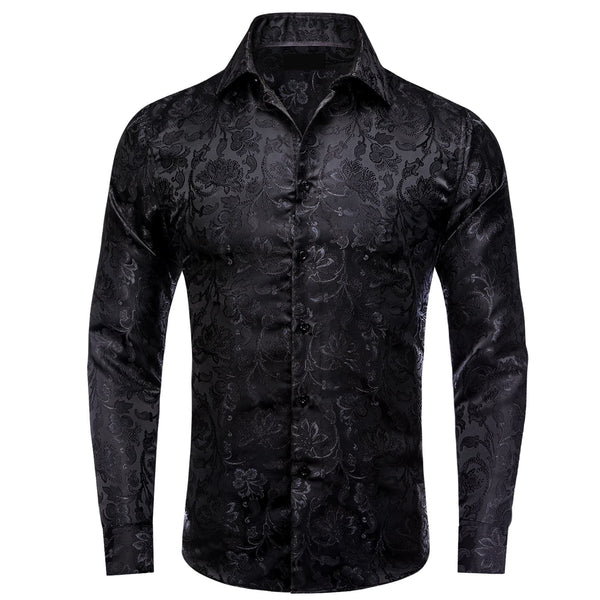 fashion floral silk black shirt for men