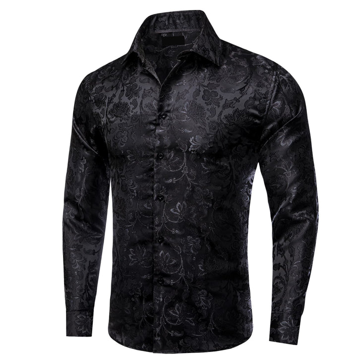 fashion floral mens black silk shirt for men