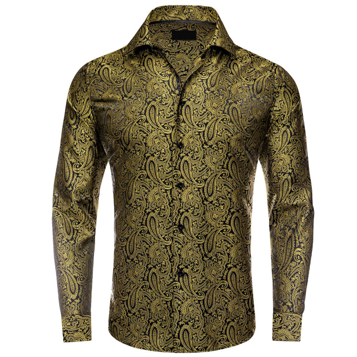 Luxury golden paisley silk mens yellow shirt for men