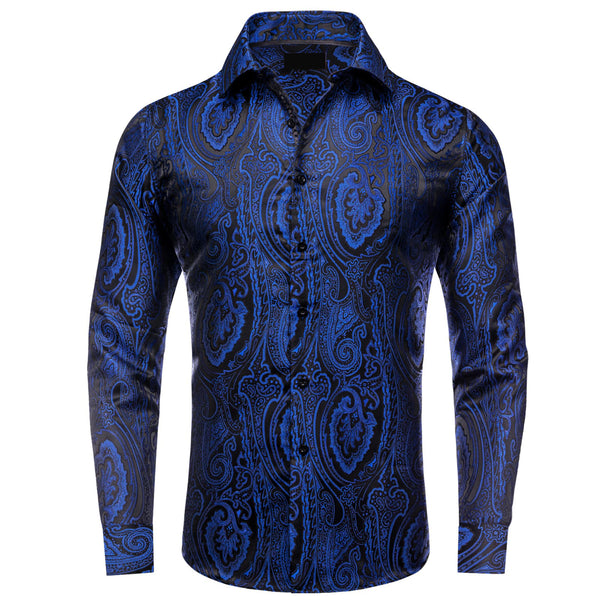 fashion floral button up shirts navy blue black silk button up shirt for men