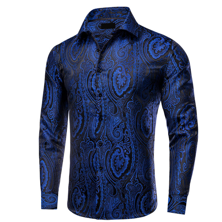 mens fashion silk black blue flower shirt men suit shirts