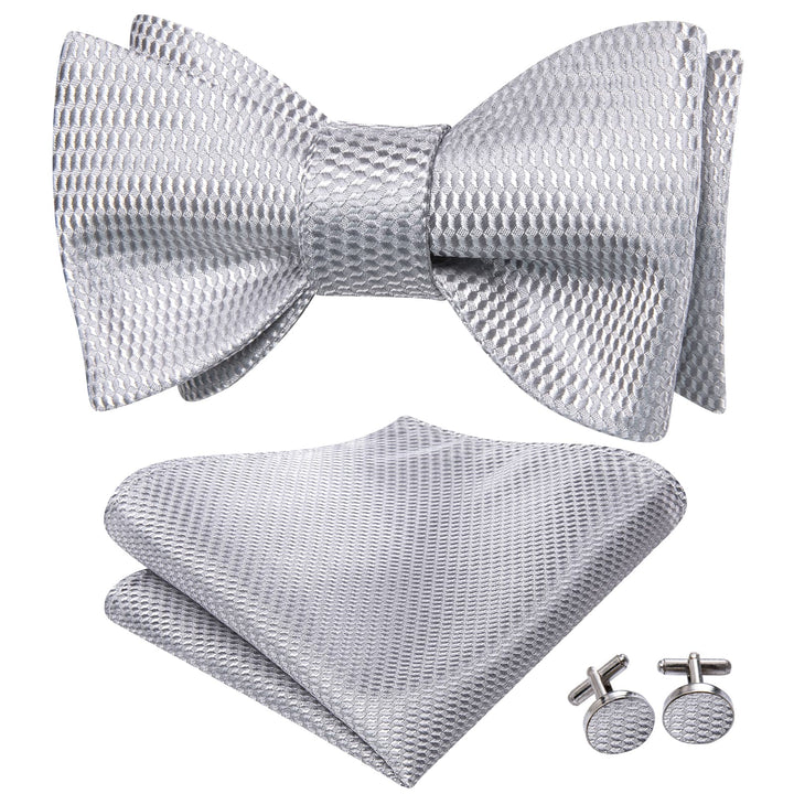 mens silk Geometric grey silver bow tie pocket square cufflinks set for business