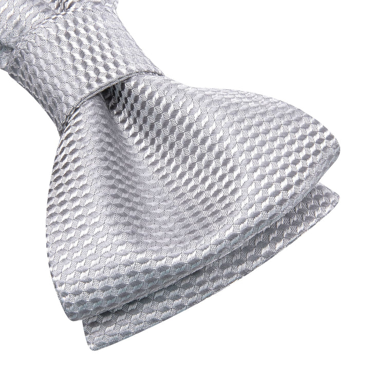 mens silk Geometric grey silver bow tie pocket square cufflinks set for business