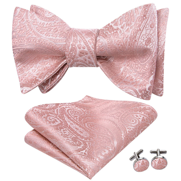 rose pink paisley silk mens bow tie pocket square cufflinks set for wedding