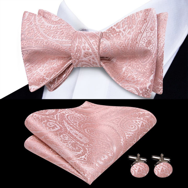 wedding mens suit dress bow tie paisley rose pink bowtie handkerchief cufflinks set