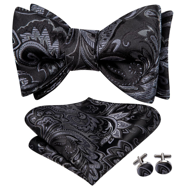 floral black silver grey mens silk best bow ties handkerchief cufflinks set for business office men