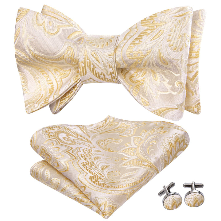 wedding designer bow ties of the Champagne Color Floral silk mens bowties pocket square cufflinks set