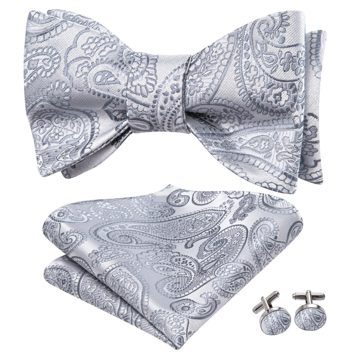 silver grey paisley silk mens tuxedo bow tie pocket square cufflinks set