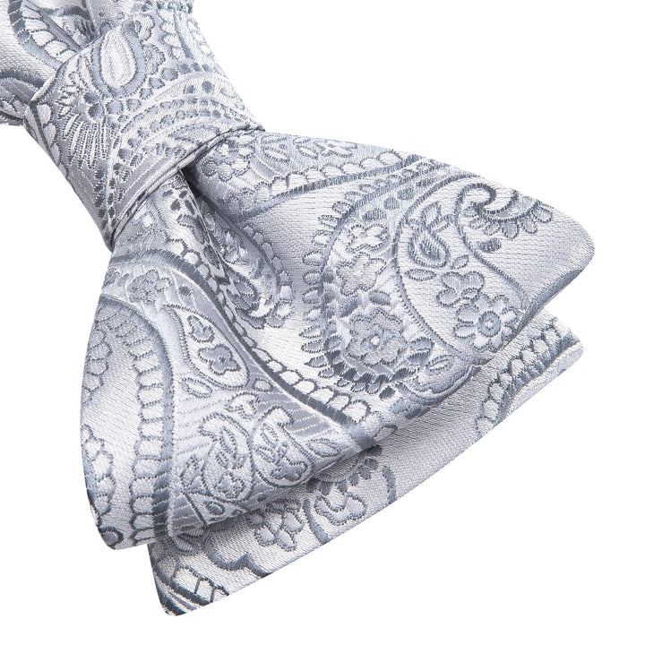 silver grey paisley silk mens tuxedo bow tie pocket square cufflinks set