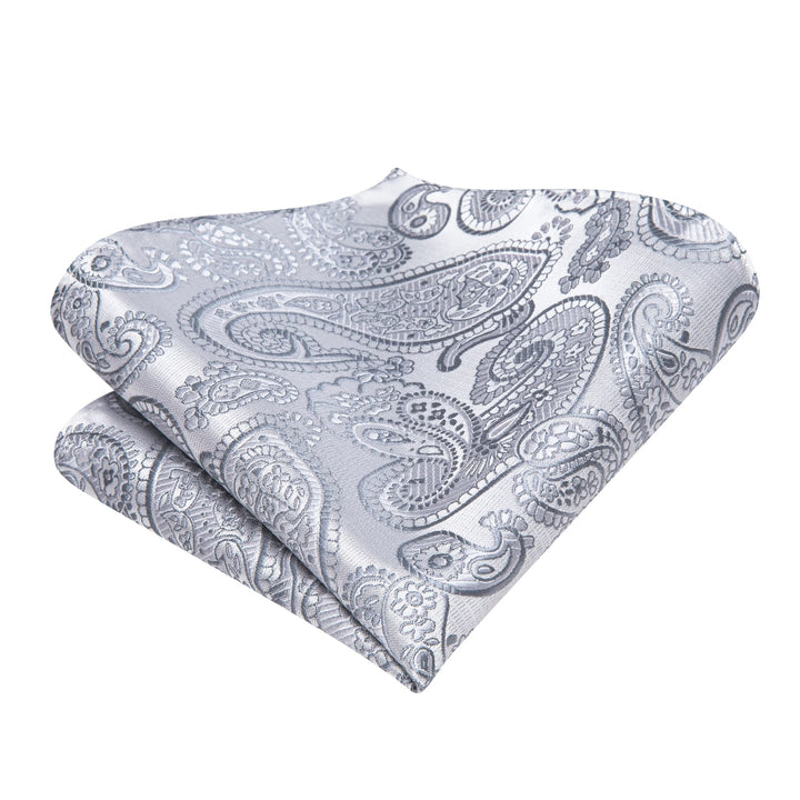 silver grey paisley silk mens tuxedo bow tie pocket square cufflinks set