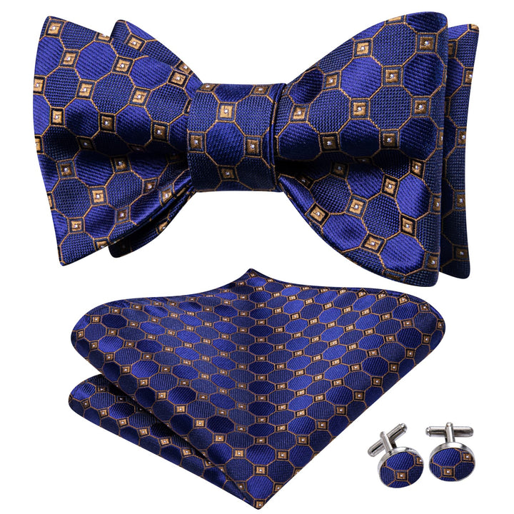 classic plaid silk mens business navy blue brown bow tie pocket square cufflinks set for office meeting