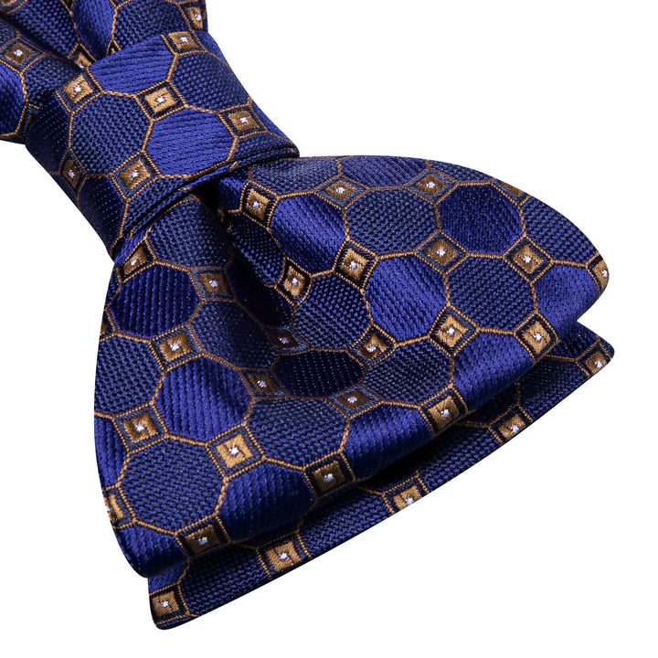 self-tied types of bow ties navy blue gold plaid silk mens bowties pocket square cufflinks set