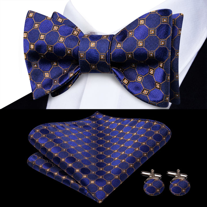 self-tied types of bow ties navy blue gold plaid silk mens bowties pocket square cufflinks set