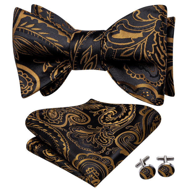 fashion floral silk mens black deep yellow bow tie pocket cufflinks set for office business