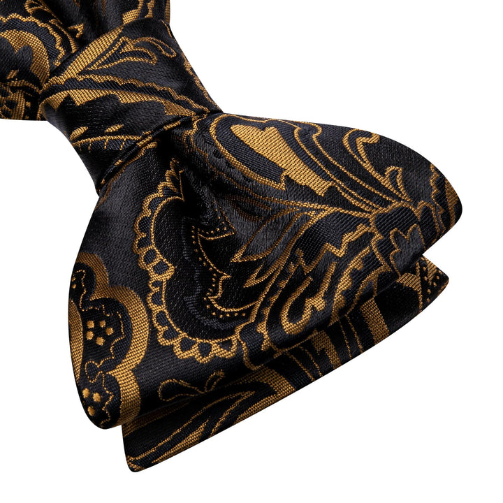 fashion floral silk mens black deep yellow bow tie pocket cufflinks set for office business