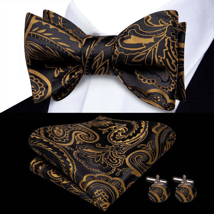 fashion business tie design silk mens black gold floral self-tied bowties pocket square cufflinks set for dress suit top