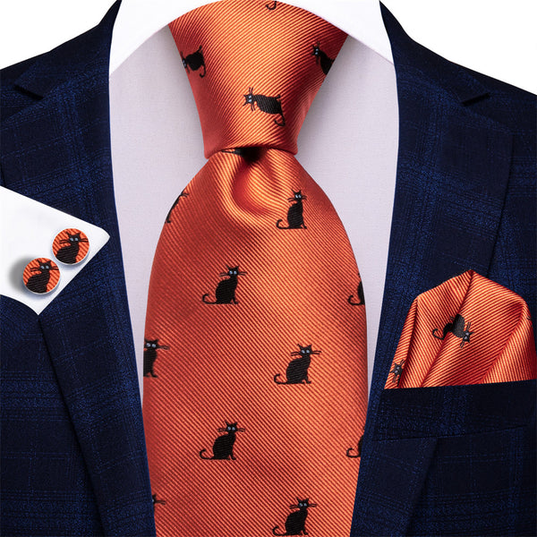 Ties2you Halloween Orange Black Cat Necktie Hanky Cufflinks Set