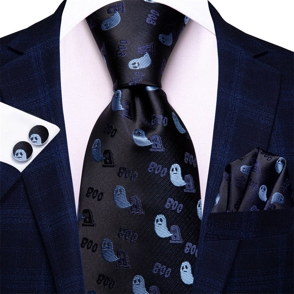 Ties2you Halloween Black Blue Ghosts Necktie Hanky Cufflinks Set