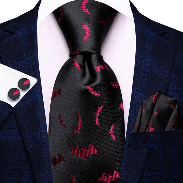 Ties2you Black Red Bat Necktie Hanky Cufflinks Set