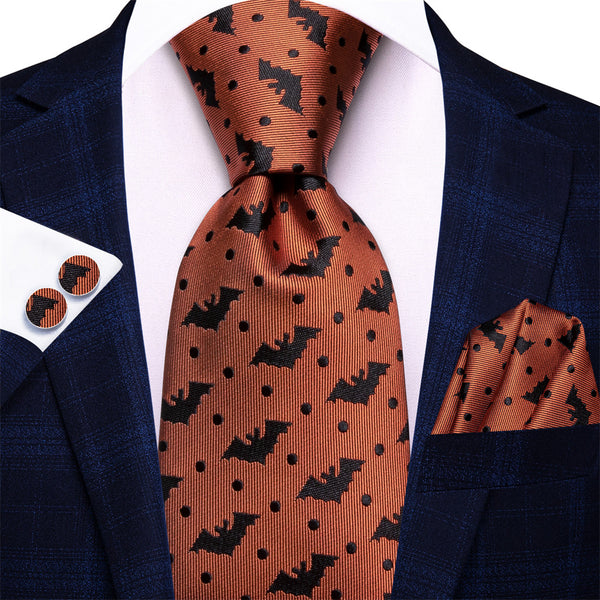 Ties2you Orange Black Bat Necktie Hanky Cufflinks Set