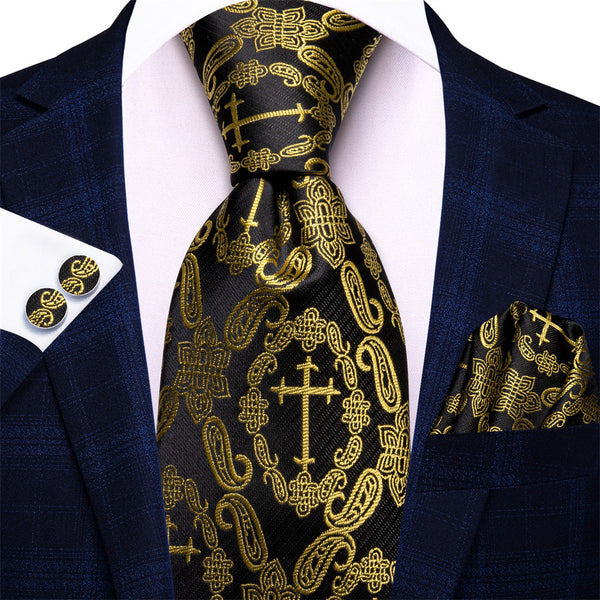 Ties2you Black Gold Paisley Crucifixion Necktie Hanky Cufflinks Set