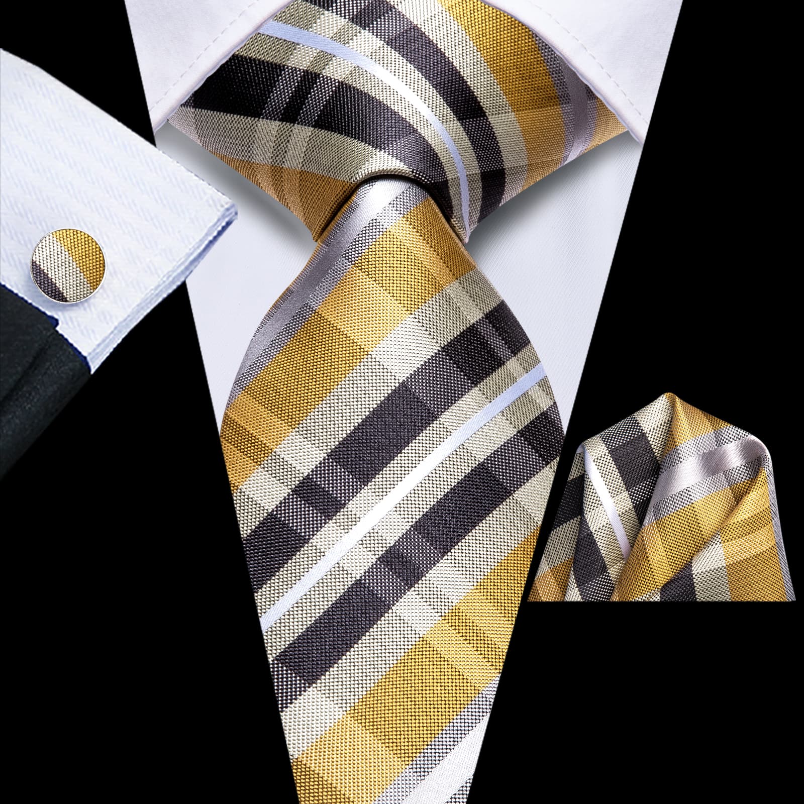 Ties2you Silk Tie Yellow Black Striped Mens Tuxedo Suit Dress Tie Set