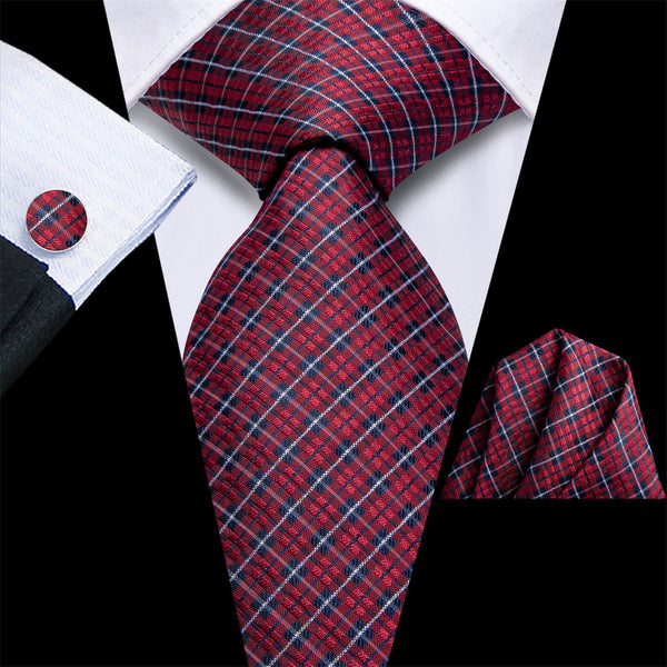 Ties2you Dark Red Plaid Men's Silk Tie Handkerchief Cufflinks Set