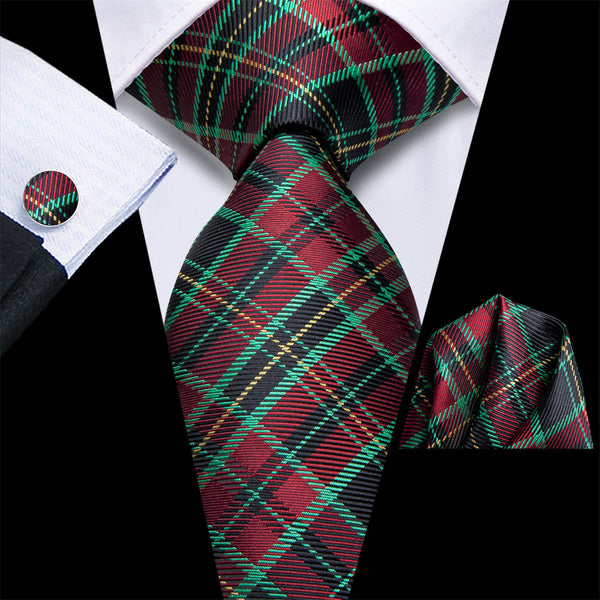 Ties2you Green Red Plaid Men's Silk Tie Handkerchief Cufflinks Set