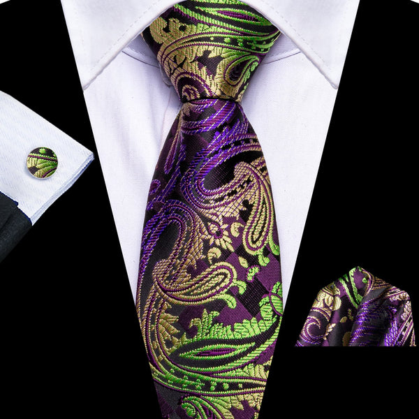 fashion tie sale purple yellow green paisley mens silk tie pocket square cufflinks set
