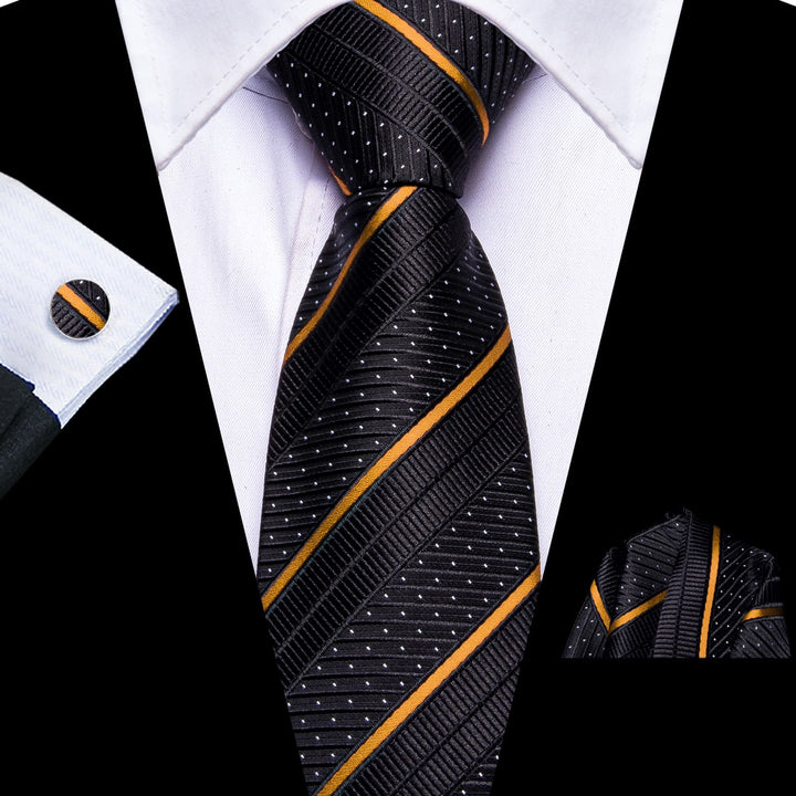 business work striped black gold silk mens skinny ties pocket square cufflinks set