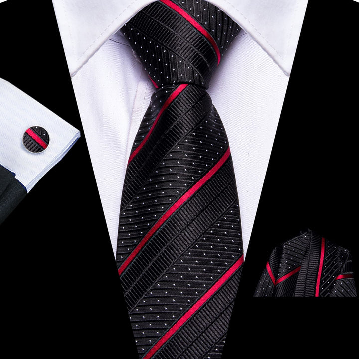 classic business striped black red white polka dot tie pocket square cufflinks set