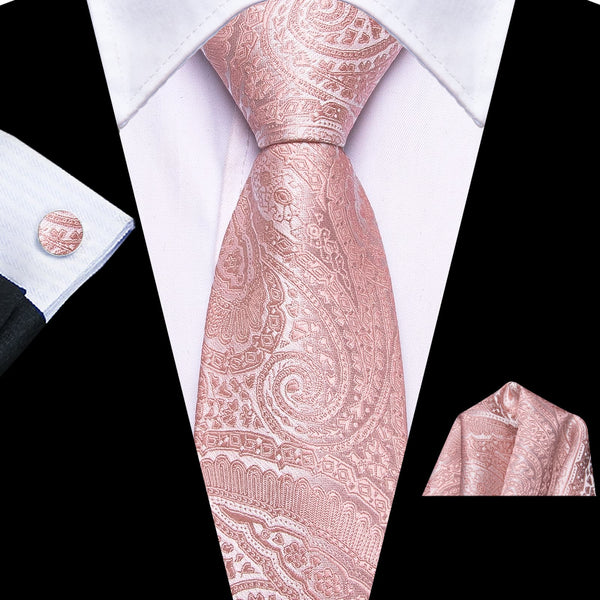 fashion wedding paisley rose pink tie lengths 150cm*8cm silk mens tie pocket square cufflinks set