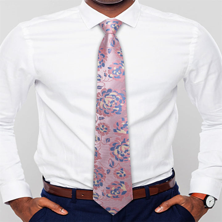 fashion wedding blue floral silk mens pink ties pocket square cufflinks set