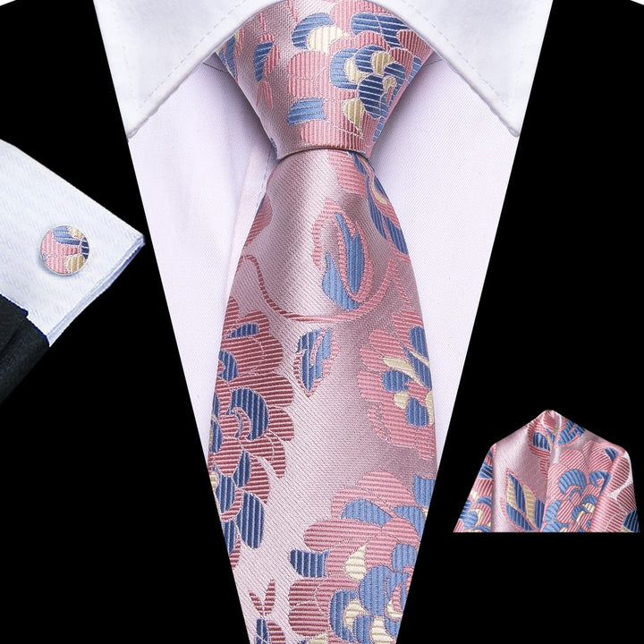 fashion wedding blue floral silk mens pink ties pocket square cufflinks set