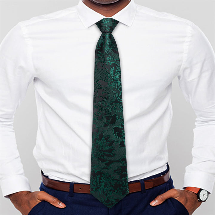 dark green floral mens silk fancy tie pocket square cufflinks set