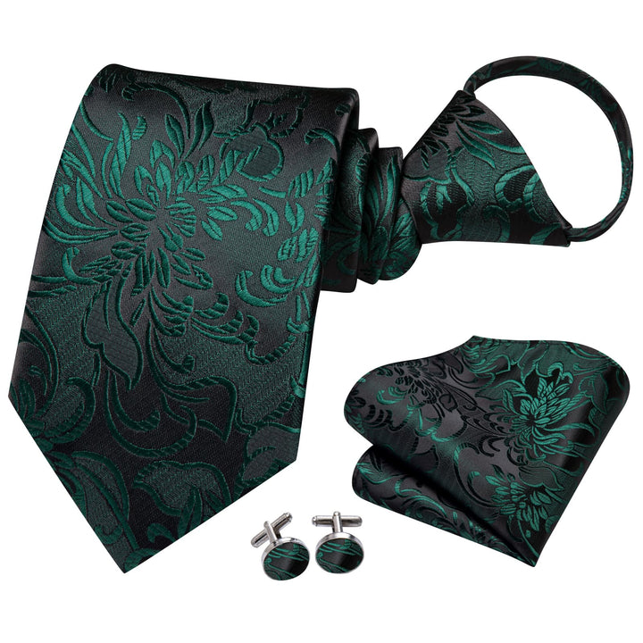 dark green floral mens silk fancy tie pocket square cufflinks set