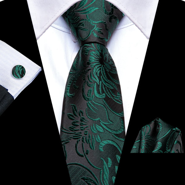 dark green floral mens silk fancy tie pocket square cufflinks set