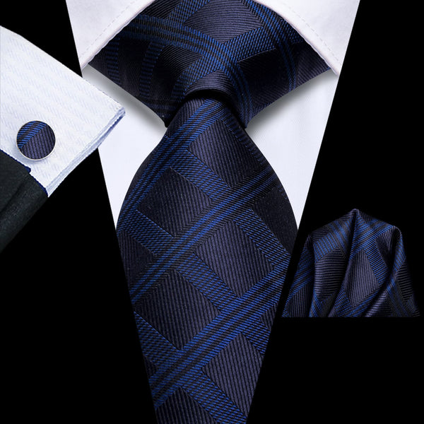 business navy blue plaid silk mens suit tie handkerchief cufflinks set