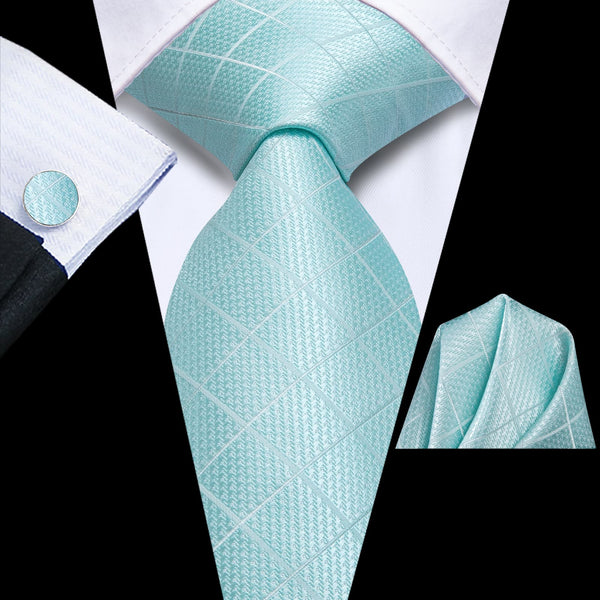 best quality silk mens light blue plaid suit dress tie handkerchief cufflinks set for business