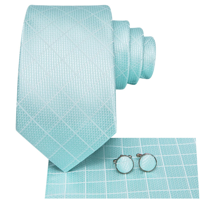 business plaid sky blue silk best mens dress tie handkerchief cufflinks set