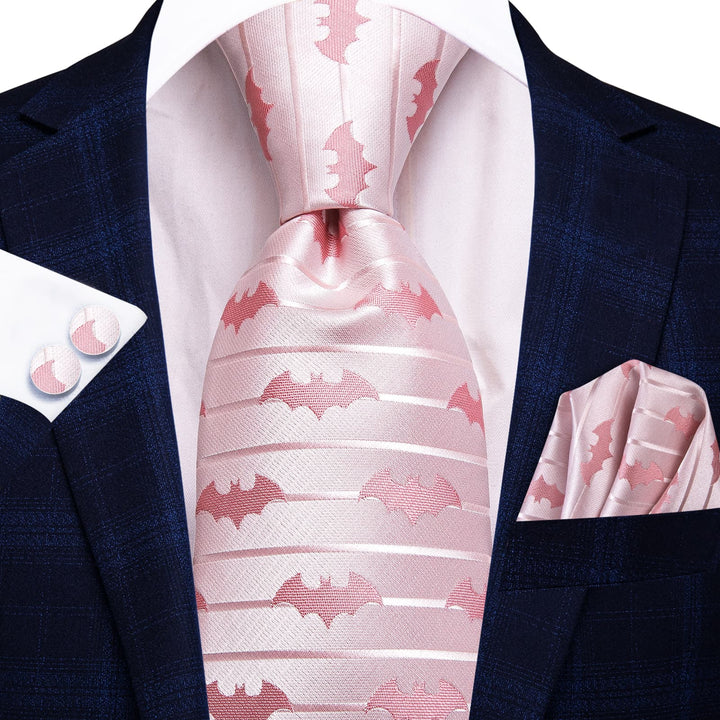 fashion bat striped design silk mens blush pink tie handkerchied cufflinks set for suit jacket