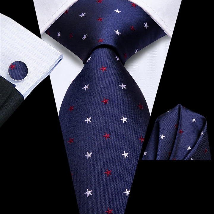 new arrival silk mens red white star blue navy ties handkerchief cufflinks set