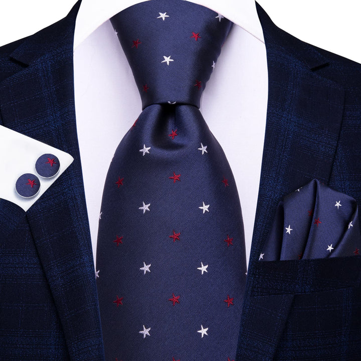 high quality silk navy blue white red star mens slim ties pocket square cufflinks set